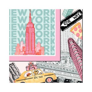 May include: A colorful illustration of New York City landmarks. The image features the Empire State Building, Flatiron Building, a yellow NYC taxi with dogs, a slice of pizza, and a "One Way" sign. The words "NEW YORK" are repeated in the background.