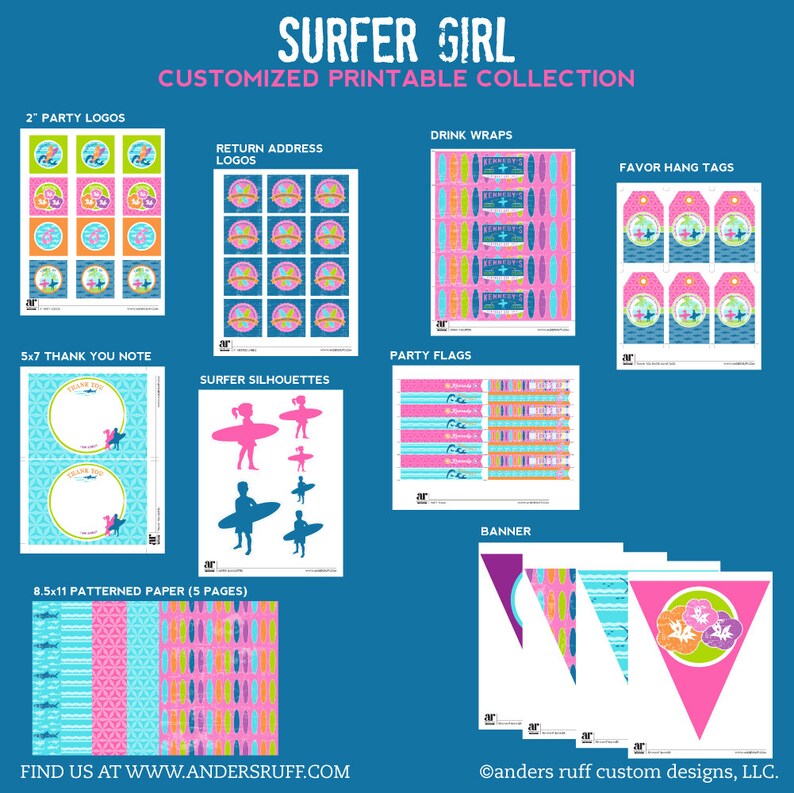 Surfer Girl Surfs Up Sharks Birthday Party Printable Customized Package image 5