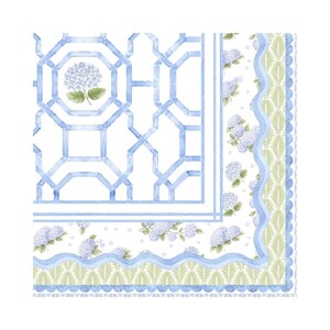 May include: A square, watercolor-style design featuring a light blue geometric trellis pattern and floral accents. The design includes light blue hydrangeas, a scalloped border, and a fern-like pattern in green.