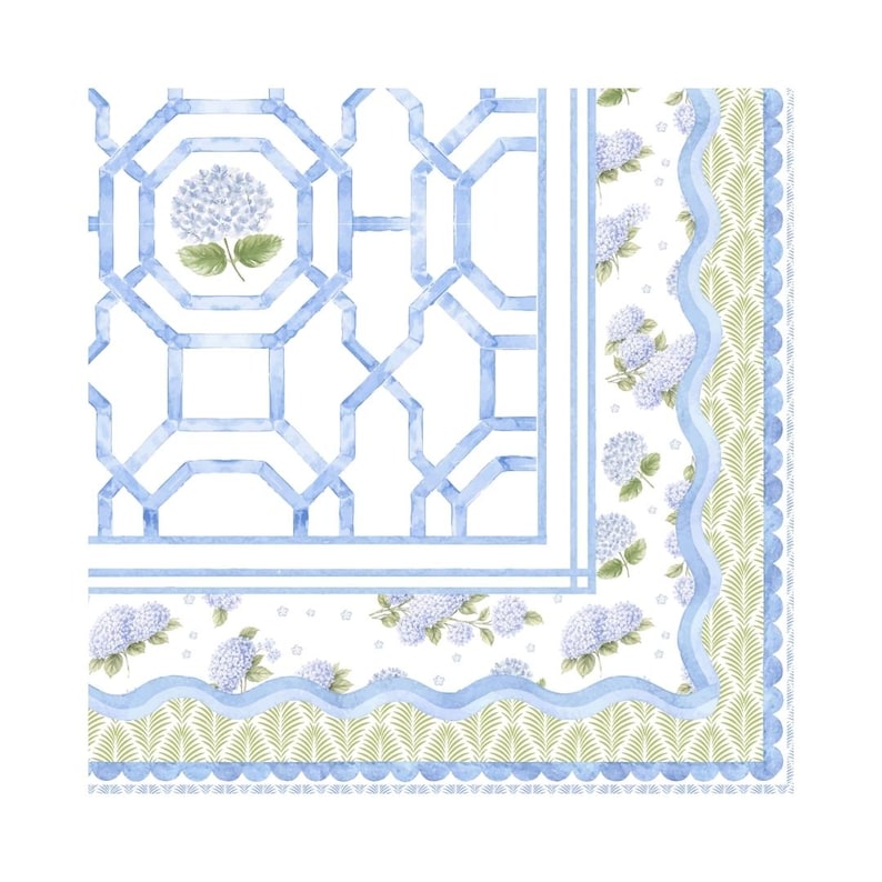 May include: A square, watercolor-style design featuring a light blue geometric trellis pattern and floral accents. The design includes light blue hydrangeas, a scalloped border, and a fern-like pattern in green.