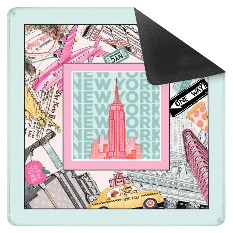 May include: A rectangular mousepad with a New York City theme. The design features the Empire State Building, a pink airplane, a yellow taxi, and the text "NEW YORK". The border is light blue.