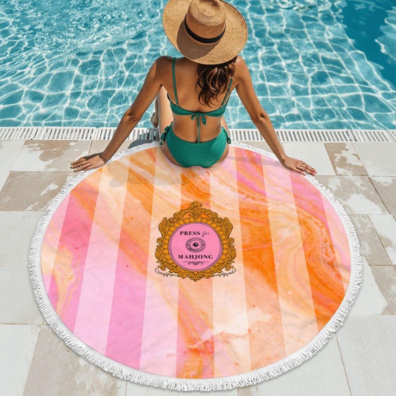 Press for Mahjong Round Beach Towel | Mahjong Travel Mat | Mahjong Beach Blanket | Mahjong Lover Gift | Mahjong Girls Trip Towel | 60" Round image 4