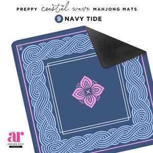 May include: Navy blue Mahjong mat with a coastal wave design. The mat features a pink and light blue wave pattern border and a central floral design. The text "PREPPY coastal wave MAHONG MATS" and "9 NAVY TIDE" are visible.