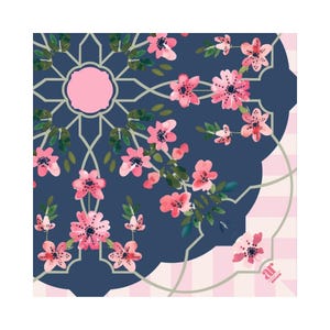 May include: A square, navy blue floral pattern with pink flowers and green leaves. The design includes a central pink circle and a geometric lattice pattern. The border is a pink and white checkered pattern.