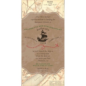 Invitación de cumpleaños con mapa del tesoro de barco pirata vintage: imprimible y personalizada (4x8)