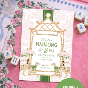 May include: A pink and green Mahjong invitation with a bamboo-style frame and cheetah illustrations. The invitation includes the text "Let's play Mahjong" and event details. Mahjong tiles and a glass of liquid are in the background.