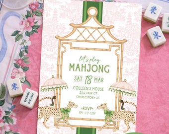 Mahjong Invitation | Chinoiserie Mahjong Party Invite | Pink & Green Mahjong Night Digital Invite | Editable Canva Template Cheetah Pagoda