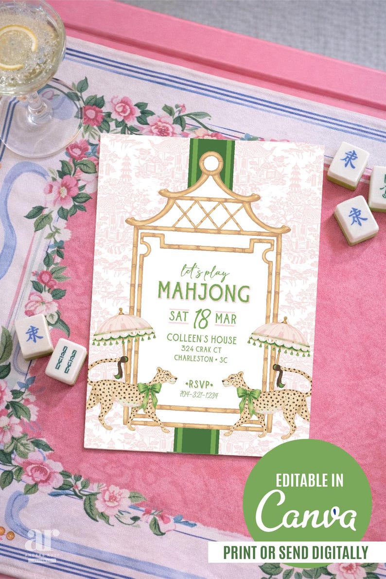 May include: A pink and green Mahjong invitation with a bamboo-style frame and cheetah illustrations. The invitation includes the text "Let's play Mahjong" and event details. Mahjong tiles and a glass of liquid are in the background.
