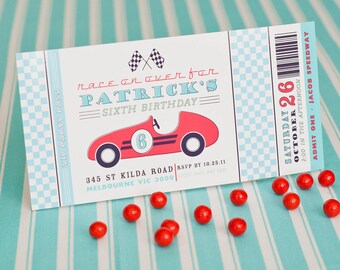 Vintage Race Car Speedway Automobile Indy Birthday Party - Aqua Red, Yellow Black or Pink Red - Printable Customized 4x8 Invitation