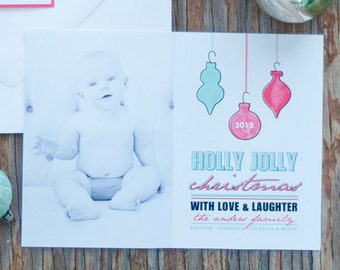 Retro Ornaments Holly Jolly Holiday Christmas Photo Card - Printable Customized Card