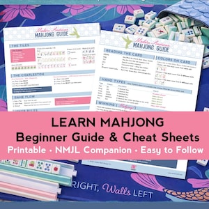 以下が含まれることがあります： 麻雀を学ぶための初心者向けガイドとチートシート。印刷可能なガイドには、指示、カードの読み取りの詳細、手の種類が含まれています。画像上のテキストは「Learn Mahjong Beginner Guide & Cheat Sheets Printable NMJL Companion Easy to Follow」と表示されています。