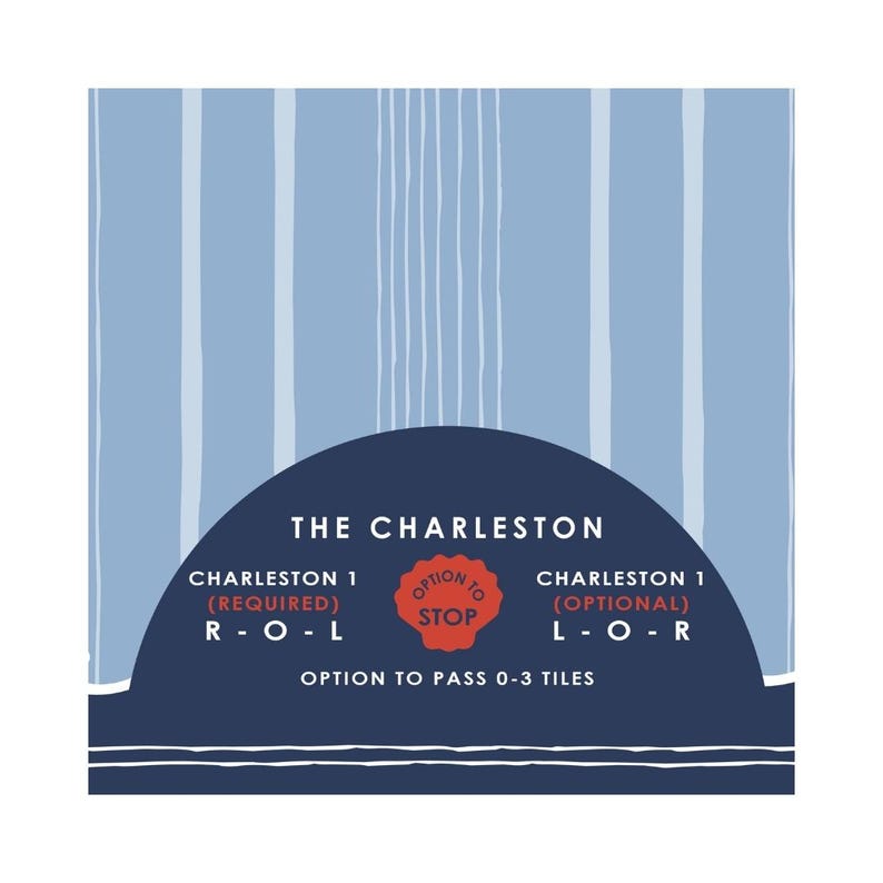 May include: A square graphic with a blue and white striped background. The text "THE CHARLESTON" is above a dark blue semi-circle. Below, text indicates "CHARLESTON 1 (REQUIRED) R-O-L" and "CHARLESTON 1 (OPTIONAL) L-O-R". A red circle says "OPTION TO STOP".