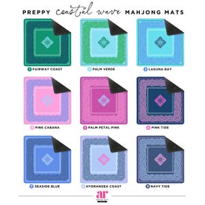 May include: Nine colorful Mahjong mats with a coastal theme. Each mat features a square design with a central floral motif and a decorative border. Colors include green, blue, pink, and purple. The mats are labeled with names like "Fairway Coast" and "Pink Cabana."
