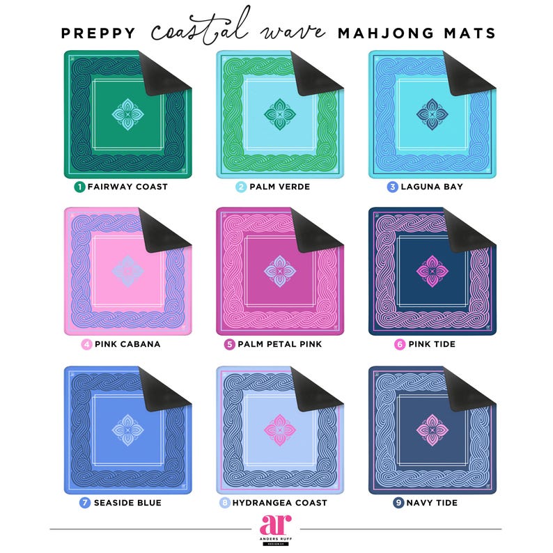May include: Nine colorful Mahjong mats with a coastal theme. Each mat features a square design with a central floral motif and a decorative border. Colors include green, blue, pink, and purple. The mats are labeled with names like "Fairway Coast" and "Pink Cabana."