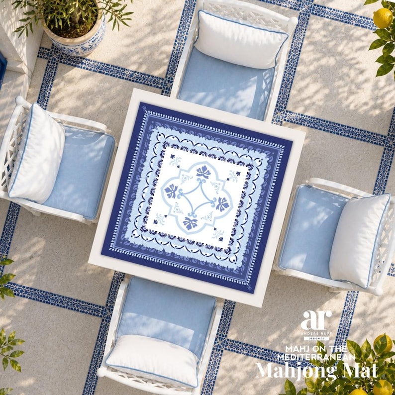Mahj on the Mediterranean Mahjong Mat | Blue & White Mahjong Mat | Amalfi Tile Coastal Design | Italian | Amalfi Coast Mahj [Non-Neoprene] image 3