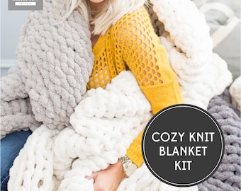 Cozy Knit Blanket DIY Kit – Make Your Own Throw | Hand-Knit “Knit Kit” with Yarn + Step-by-Step Video | Chunky Yarn Project | How to Knit