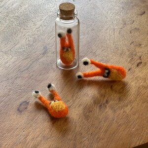 Puede incluir: Tres criaturas de fieltro naranja con ojos negros y detalles blancos. Una criatura est&aacute; dentro de una botella de vidrio transparente con un tap&oacute;n de corcho.