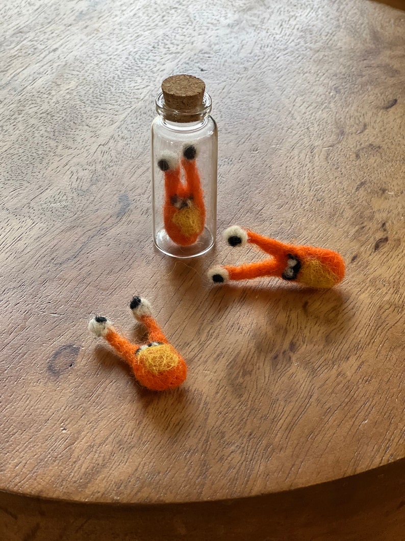 Puede incluir: Tres criaturas de fieltro naranja con ojos negros y detalles blancos. Una criatura est&aacute; dentro de una botella de vidrio transparente con un tap&oacute;n de corcho.