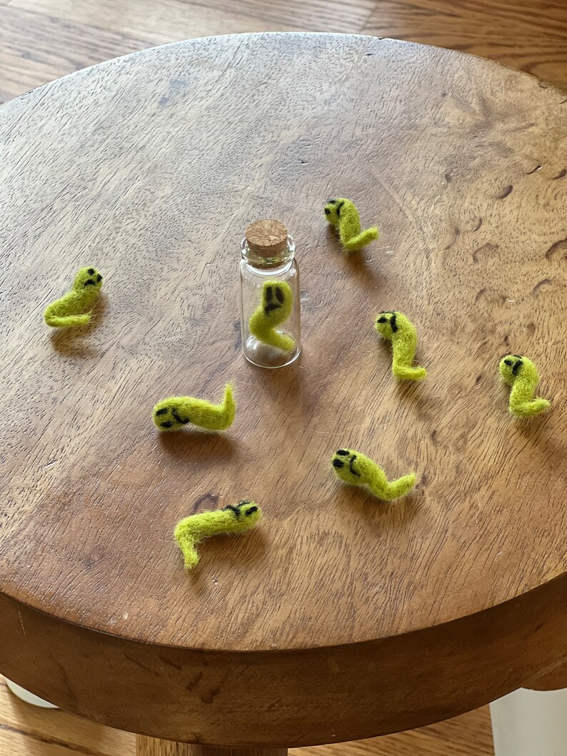 Puede incluir: Una peque&ntilde;a botella de vidrio con un tap&oacute;n de corcho contiene un gusano de fieltro verde con una cara triste. Otros siete gusanos de fieltro verde con caras tristes est&aacute;n esparcidos alrededor de la botella sobre una superficie de madera.
