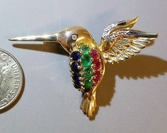 14K Yellow Gold Diamond  Emerald, Ruby and Sapphire Hummingbird Pendant Brooch