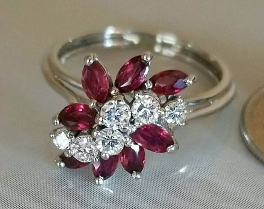 14K White Gold Natural Ruby and Diamond Vintage Cocktail Ring - Etsy