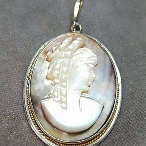 Marked 800 Silver Mother of Pearl Cameo Pendant