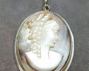 Marked 800 Silver Mother of Pearl Cameo Pendant