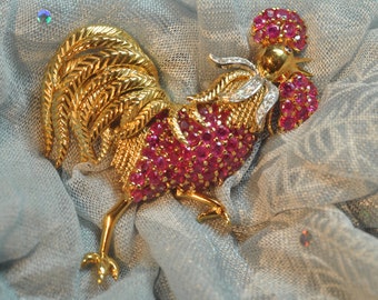 18K Yellow Gold Natural Ruby and Diamond Rooster Brooch. A GIA Report is Included