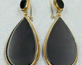 Pair of 14K Yellow Gold Large Onyx Dangle Earrings.