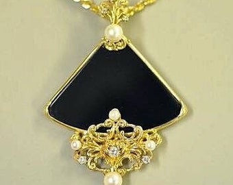 Custom Designed Onyx, Pearl and Diamond Pendant with Necklace Chain