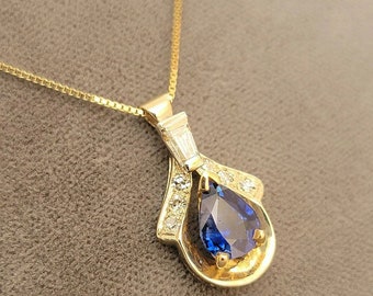 14K Yellow Gold and White Gold Natural Sapphire and Diamond Pendant with a 14K Yellow Gold Box style Chain