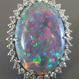 Platinum Queensland Boulder Opal, Diamond Ring. Floral Harlequin Play of Color
