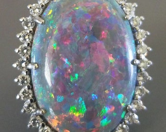 Platinum Queensland Boulder Opal, Diamond Ring. Floral Harlequin Play of Color