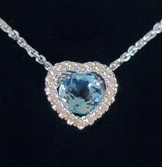14K White Gold Blue Topaz and Diamond Heart Shape… - image 1