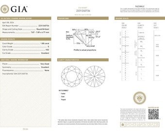 Round Brilliant Cut Diamond Weighing 1.80 Carats with a Clarity Grade of VS-2 and a Color Grade of G. Excellent Cut Grade