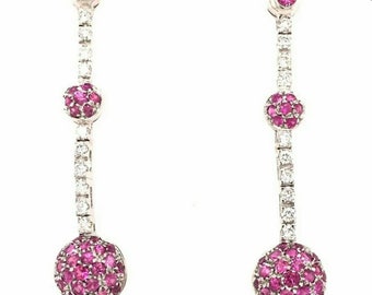 Pair of 14K Yellow Gold Pink Sapphire and Diamond Drop and Dangle style Pierced Earrings