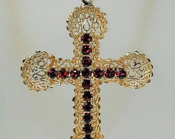 14K Yellow Gold Cross Pendant set with Garnet Gemstones. Chain Sold Separately