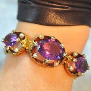 Antique 18K Yellow Gold Amethyst, Diamond and Pearl Bracelet image 1