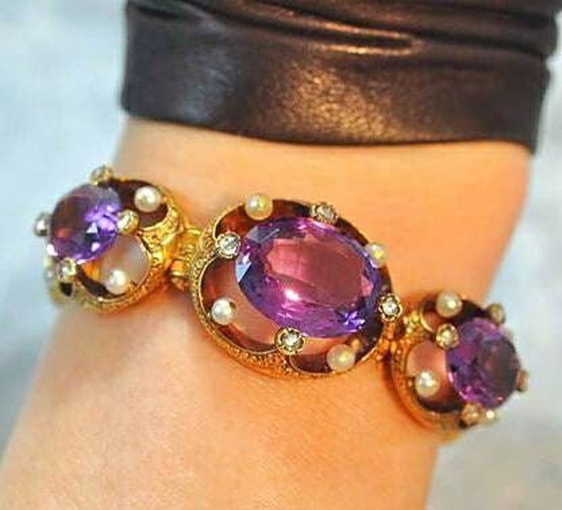 Antique 18K Yellow Gold Amethyst, Diamond and Pearl Bracelet image 1