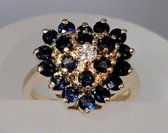 14K Yellow Gold Genuine Sapphire and Diamond Heart Shaped Vintage Ring