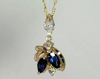 14K Yellow Gold Natural Sapphire and Diamond Pendant with a 14K Yellow Gold Pendant Chain