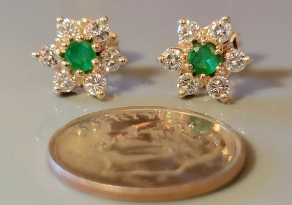 Pair of 14K Yellow Gold Genuine Emerald and Diamo… - image 1