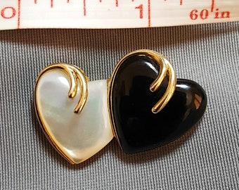 14K Yellow Gold Double Heart Shaped Mother of Pearl and Onyx Necklace Enhancer