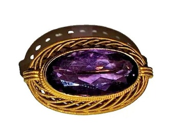 14K gult guld vintage ametist oval brosch