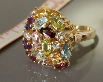 14K Yellow Gold Multi Genuine Gemstone and Diamond Cocktail Statement Ring