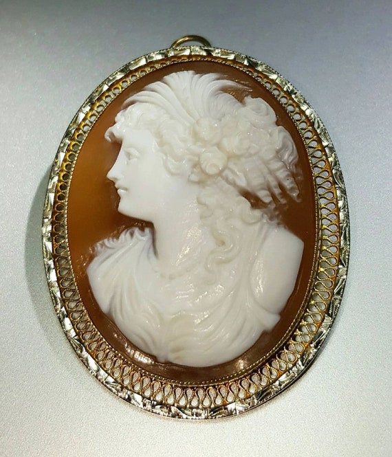 Camée Coquille Del Gatto En Or Jaune 14k - Pendentif/Épingle Occasion - Bijou Vintage