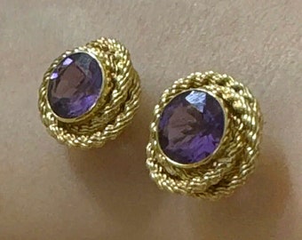 Pair of 14K Yellow Gold Vintage Amethyst Pierced Earrings