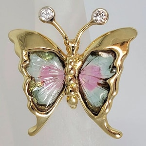 14K Yellow Gold Reddish Pink and Bluish Green Tourmaline Gemstone and Diamond Butterfly Brooch
