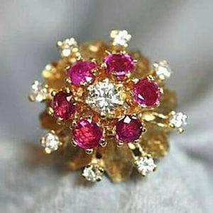14K Yellow Gold Geniune Diamond and Ruby Cocktail Ring