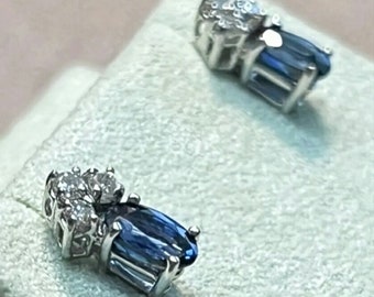 Pair of 14K White Gold Sapphire and Diamond Pierced Earrings